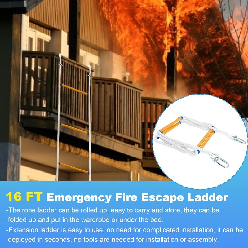 Piwerod Fire Escape Ladder 2 Story, 16 FT Rope Ladder Fire Escape 2 Story, Portable Rescue Fire Escape Ladders for 2-3 Story Home Window Balcony Railing Treehouse, Weight Capacity up to 2000 Pounds - Image 4